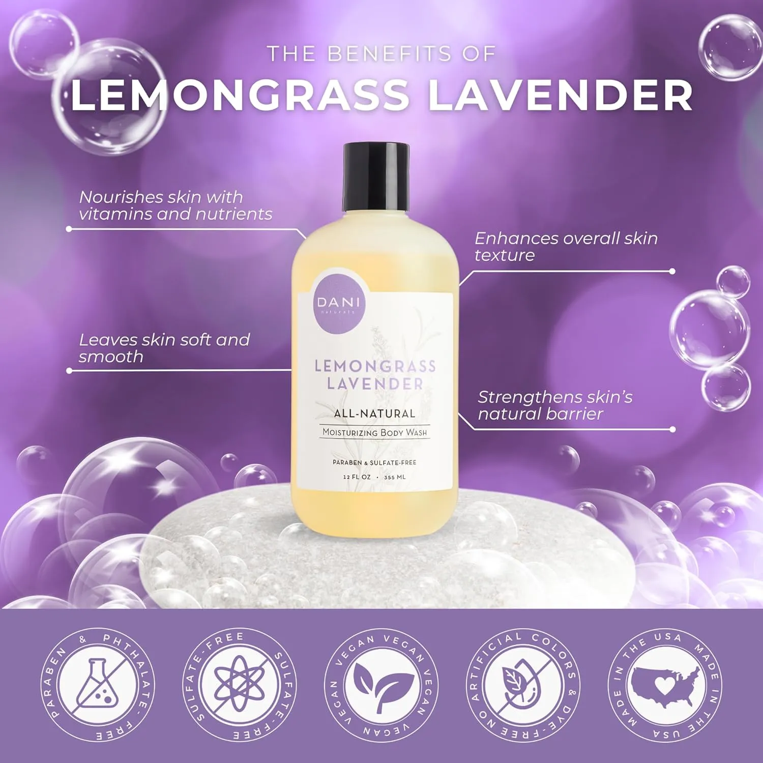 Naturals Moisturizing Body Wash - Calming Lemongrass Lavender Scent with Organic Aloe Vera & Natural Glycerin - Paraben, Sulfate, & Phthalate-Free Shower Gel - 12 oz Bottle, Vegan & Cruelty-Free