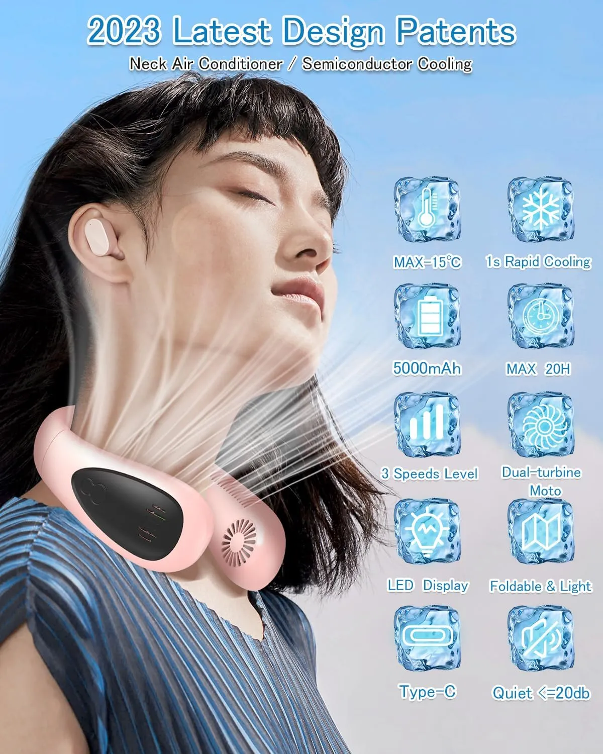 Neck Air Conditioner, 5000mAh Portable Neck Fan with Semiconductor Cooling Airflow Bladeless USB Neck Fans Portable Rechargeable with 3 Speeds, LED Display, Personal Fan for Outdoor Travel Indoor