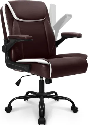NEO CHAIR Office Desk Computer Chair Ergonomic Executive Mid-Back Leather Gaming Chair with Adjustable Flip-Up Armrests Wheels Swivel for Home Study Task (Brown)