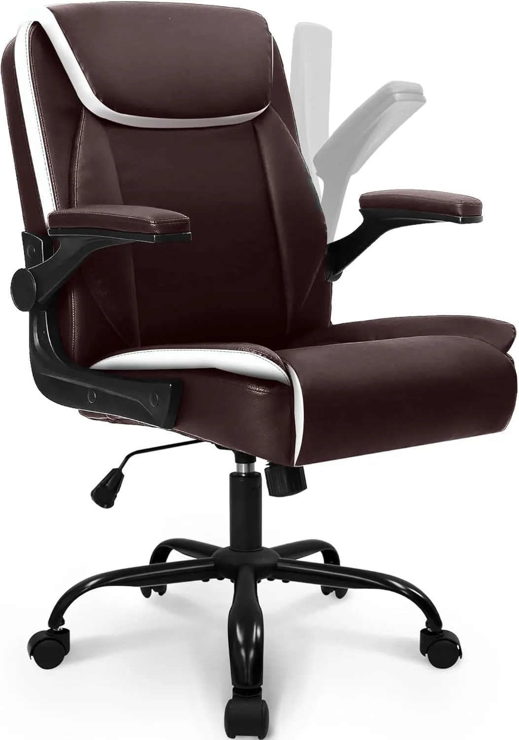NEO CHAIR Office Desk Computer Chair Ergonomic Executive Mid-Back Leather Gaming Chair with Adjustable Flip-Up Armrests Wheels Swivel for Home Study Task (Brown)