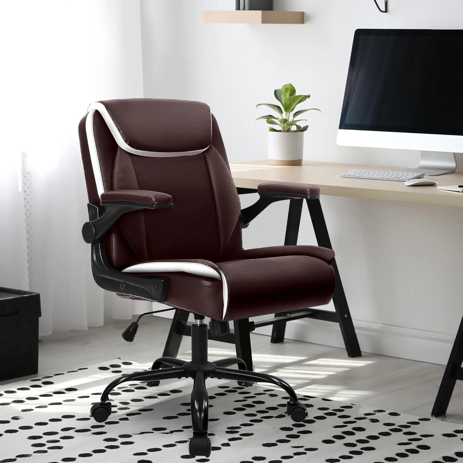 NEO CHAIR Office Desk Computer Chair Ergonomic Executive Mid-Back Leather Gaming Chair with Adjustable Flip-Up Armrests Wheels Swivel for Home Study Task (Brown)