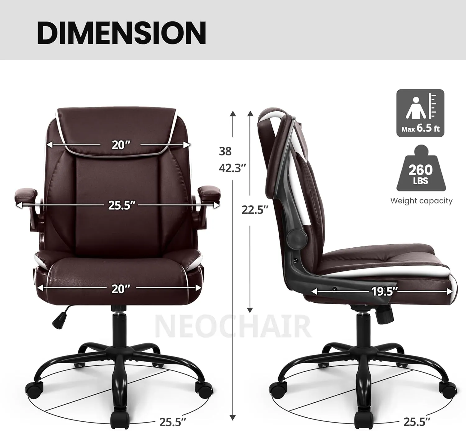 NEO CHAIR Office Desk Computer Chair Ergonomic Executive Mid-Back Leather Gaming Chair with Adjustable Flip-Up Armrests Wheels Swivel for Home Study Task (Brown)