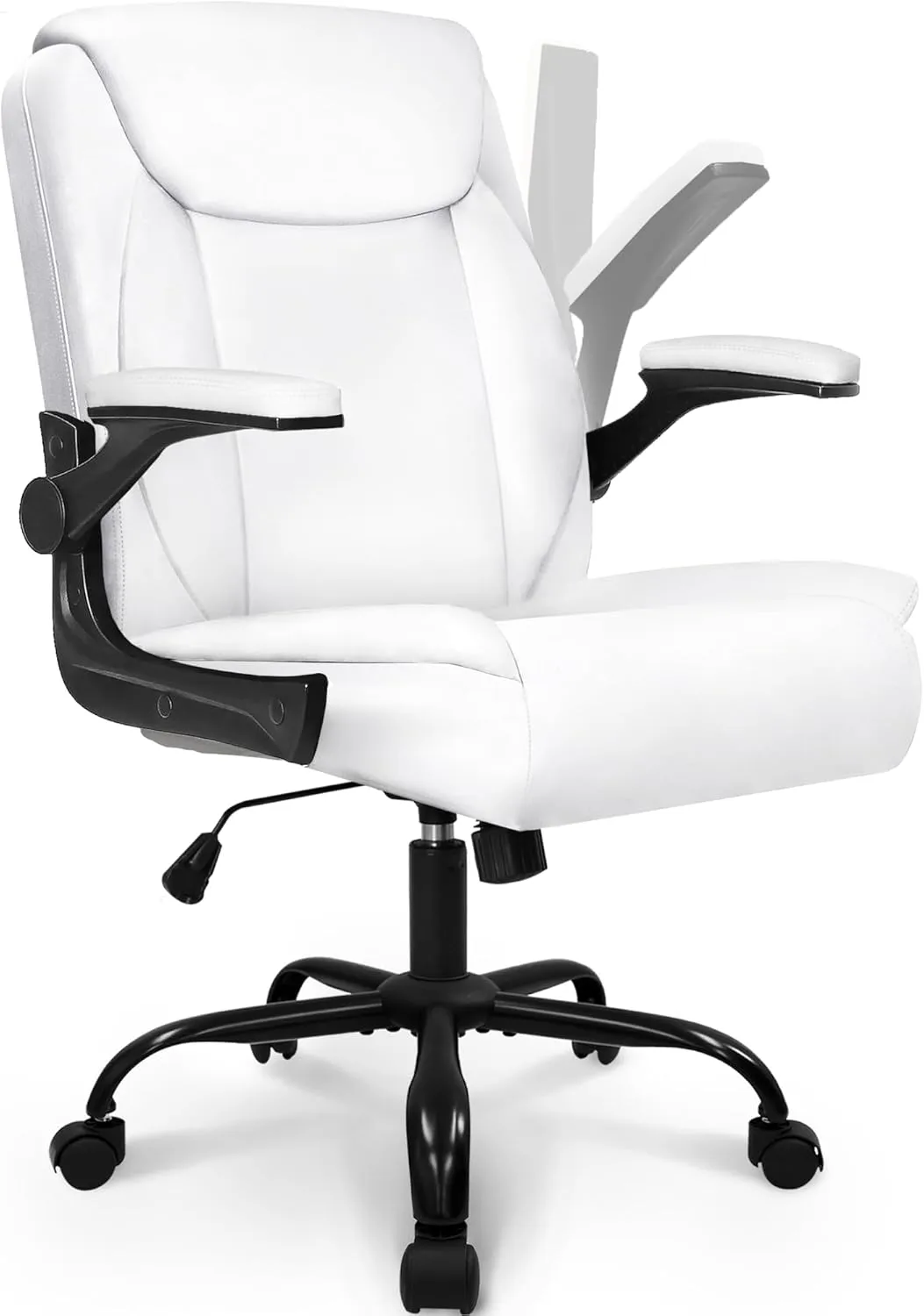 NEO CHAIR Office Desk Computer Chair Ergonomic Executive Mid-Back Leather Gaming Chair with Adjustable Flip-Up Armrests Wheels Swivel for Home Study Task (White)