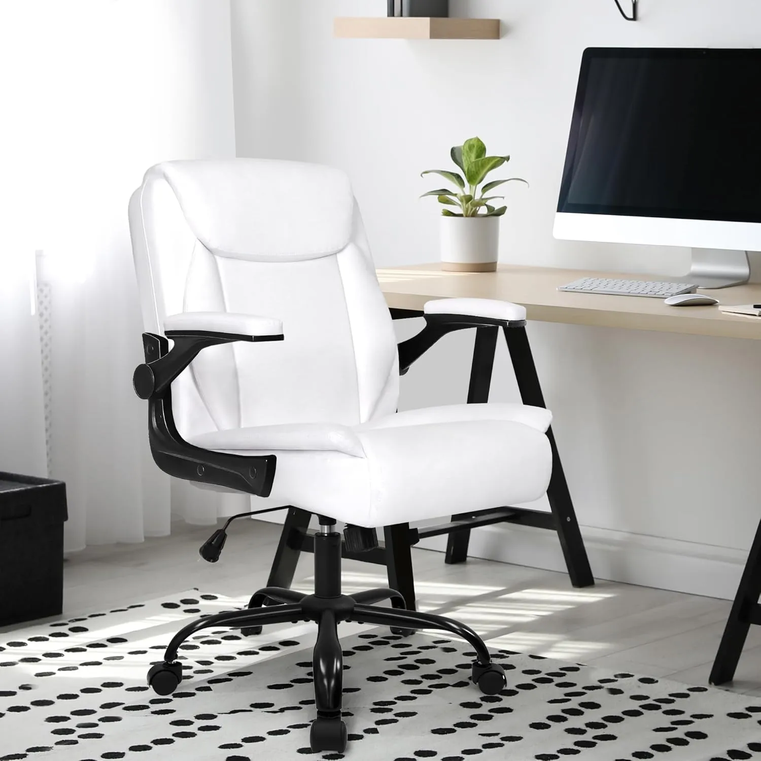 NEO CHAIR Office Desk Computer Chair Ergonomic Executive Mid-Back Leather Gaming Chair with Adjustable Flip-Up Armrests Wheels Swivel for Home Study Task (White)
