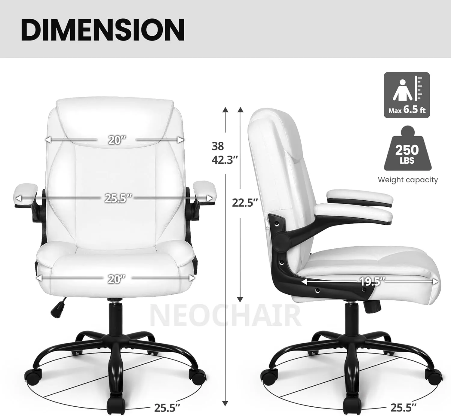 NEO CHAIR Office Desk Computer Chair Ergonomic Executive Mid-Back Leather Gaming Chair with Adjustable Flip-Up Armrests Wheels Swivel for Home Study Task (White)