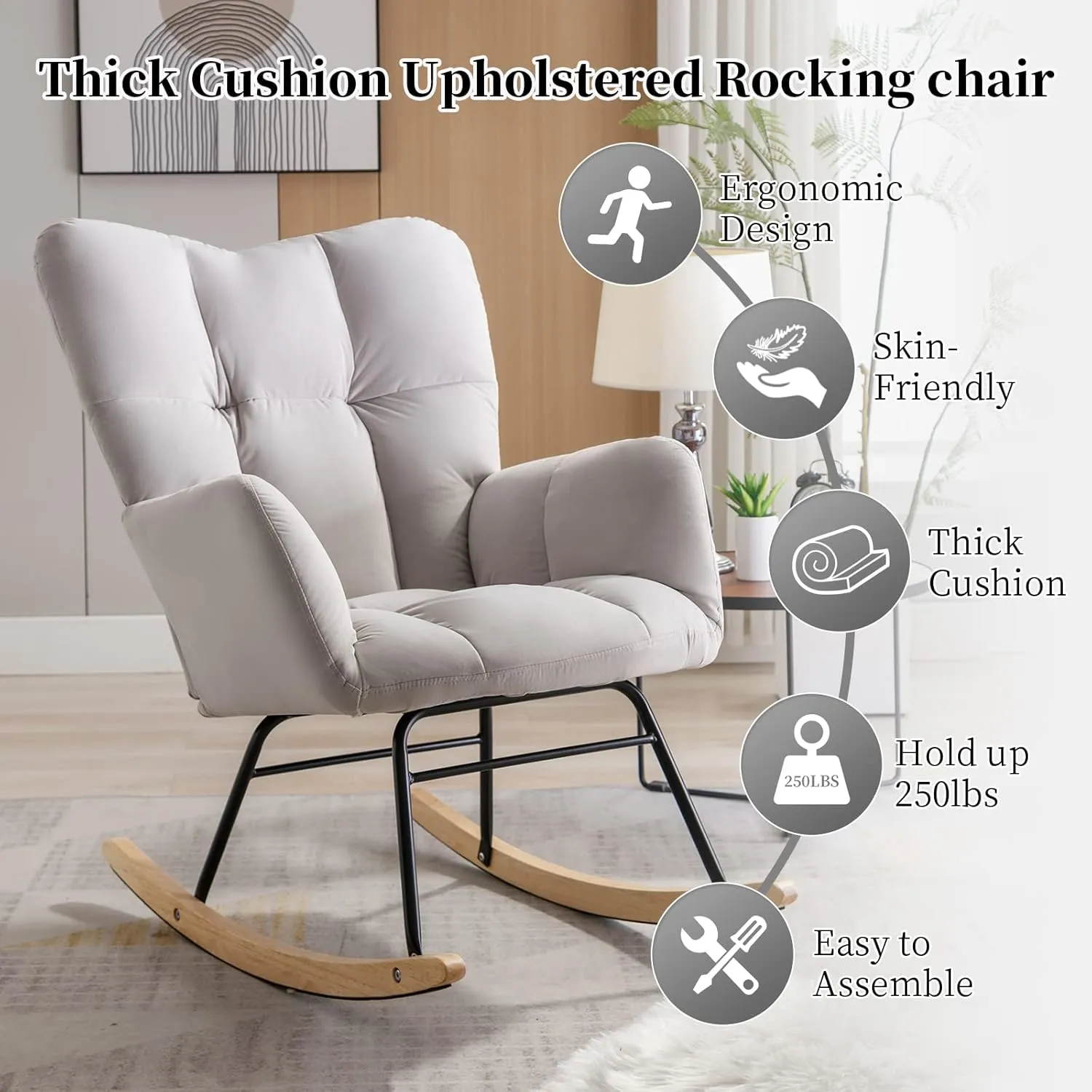 NIOIIKIT Nursery Rocking Chair Velvet Upholstered Glider Rocker Rocking Accent Chair Padded Seat with High Backrest Armchair Comfy Side Chair for Living Room Bedroom Offices (Grey Velvet)