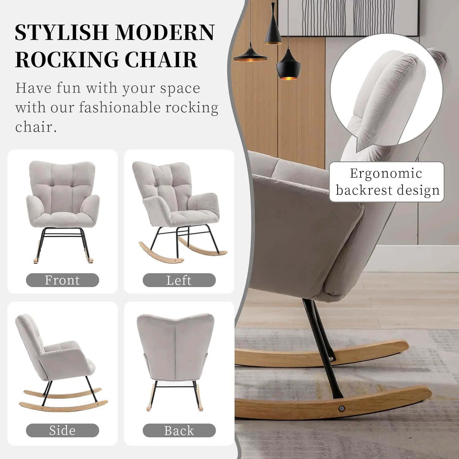 NIOIIKIT Nursery Rocking Chair Velvet Upholstered Glider Rocker Rocking Accent Chair Padded Seat with High Backrest Armchair Comfy Side Chair for Living Room Bedroom Offices (Grey Velvet)