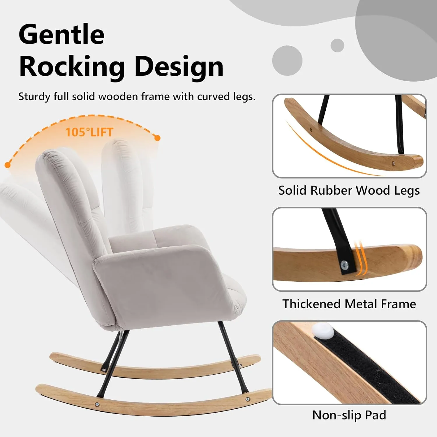 NIOIIKIT Nursery Rocking Chair Velvet Upholstered Glider Rocker Rocking Accent Chair Padded Seat with High Backrest Armchair Comfy Side Chair for Living Room Bedroom Offices (Grey Velvet)