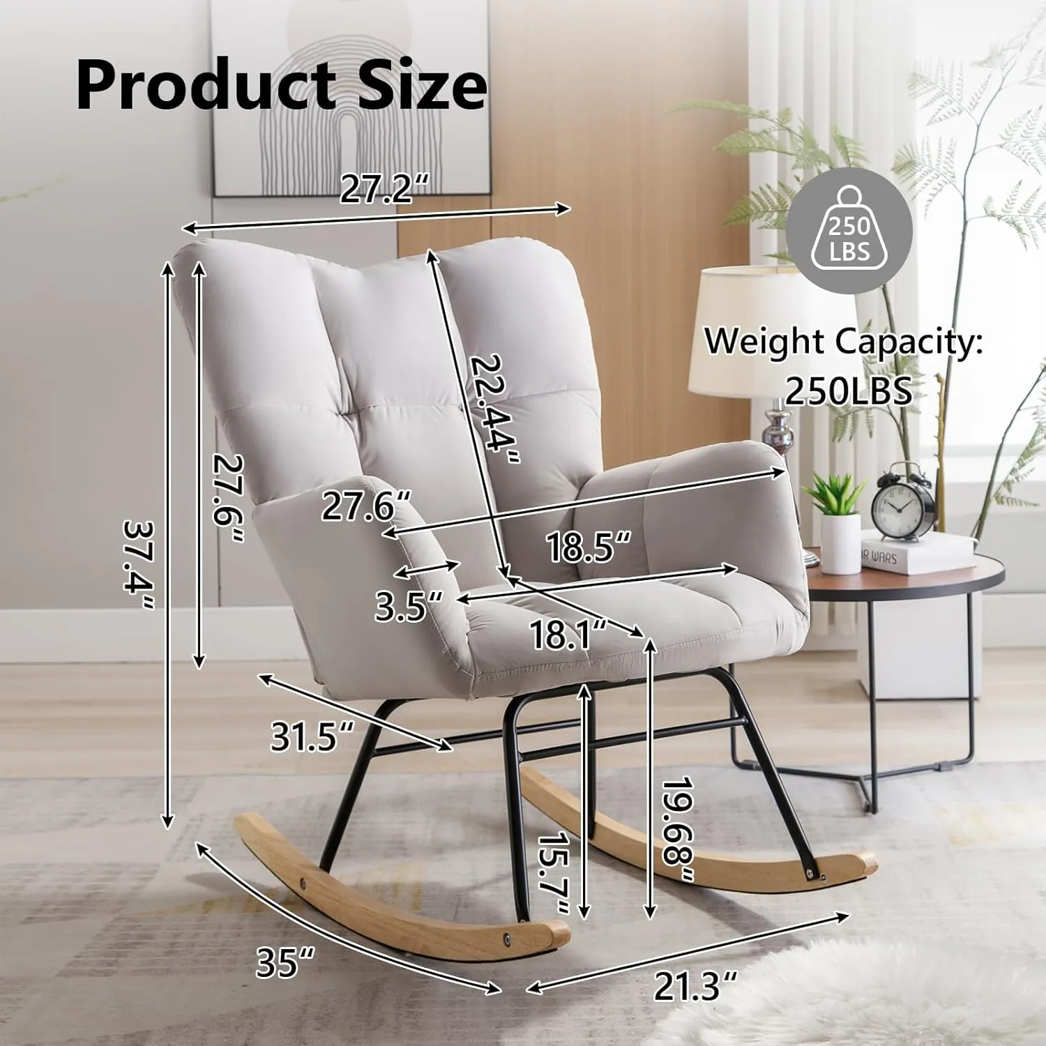 NIOIIKIT Nursery Rocking Chair Velvet Upholstered Glider Rocker Rocking Accent Chair Padded Seat with High Backrest Armchair Comfy Side Chair for Living Room Bedroom Offices (Grey Velvet)