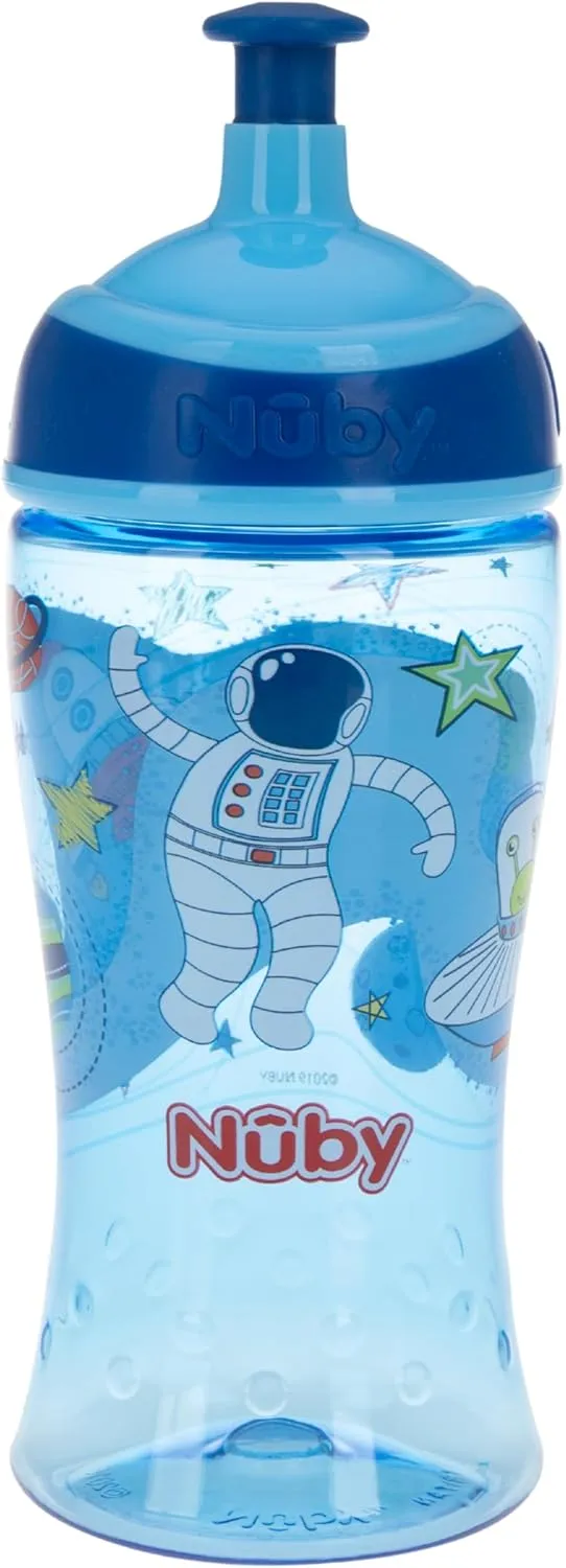 Nuby Printed Kids Pop Up Sipper Water Bottle 12oz, 2 Count Blue