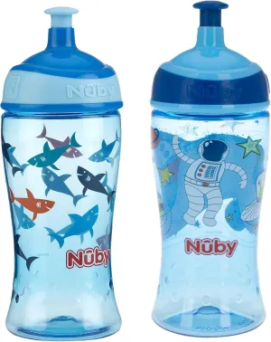Nuby Printed Kids Pop Up Sipper Water Bottle 12oz, 2 Count Blue