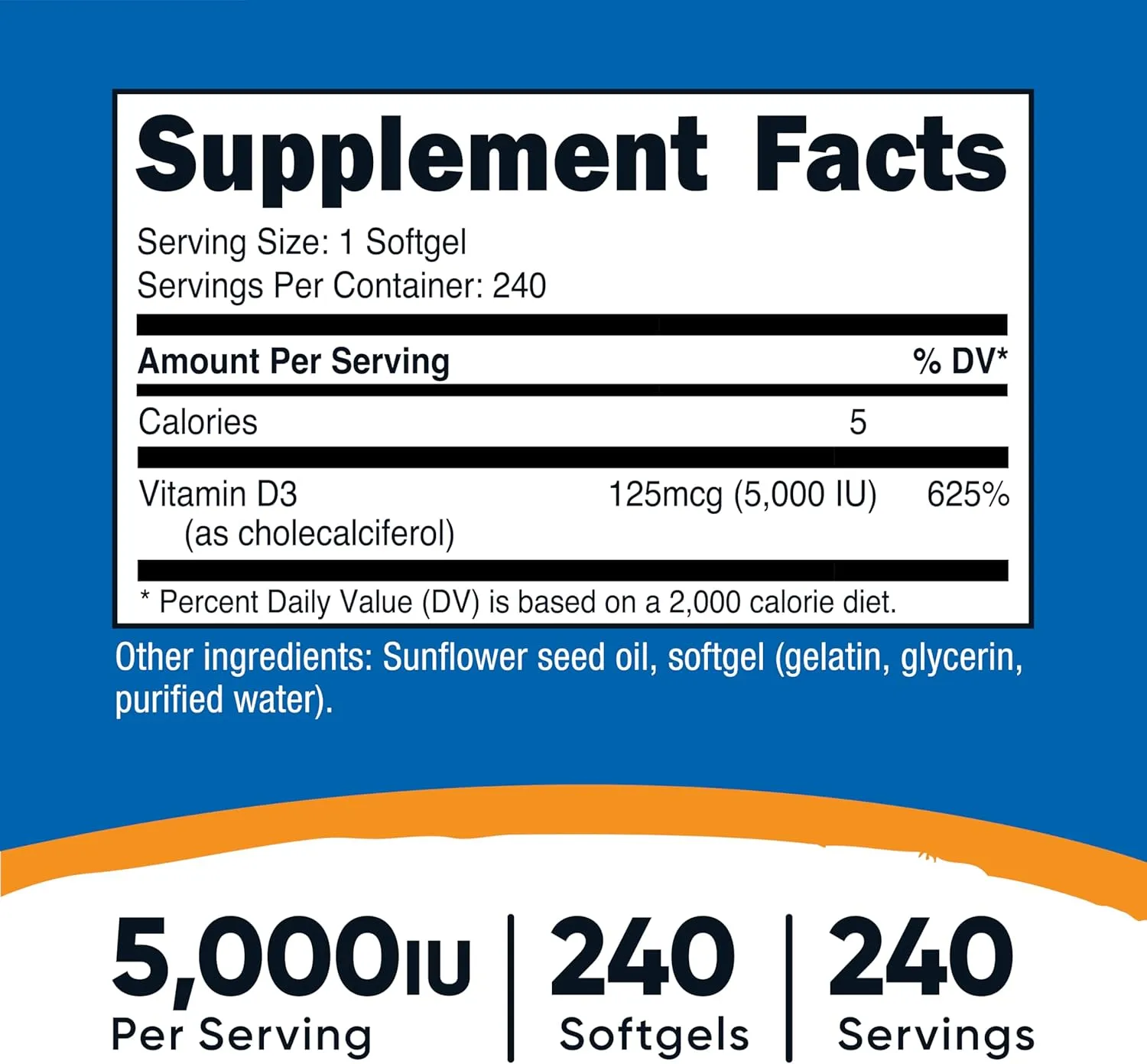 Nutricost Vitamin D3 5,000 IU (125mcg), 240 Softgels - Non-GMO and Gluten Free Vitamin D