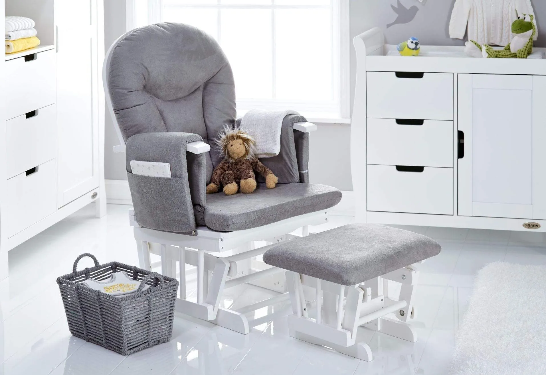 Obaby Reclining Glider Chair And Stool - White With Grey Cushion