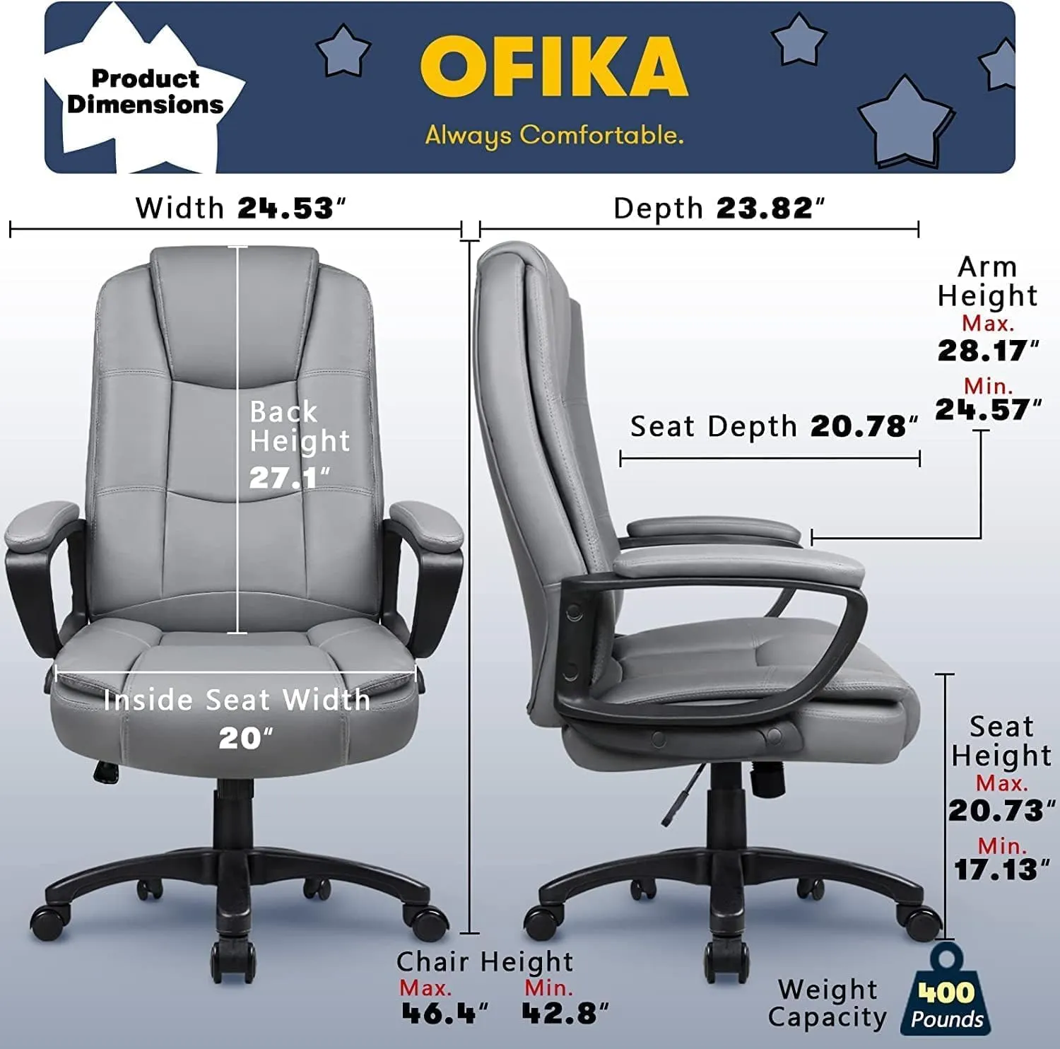 OFIKA Home Office Chair, 400LBS Big and Tall Chair Heavy Duty Design, Ergonomic High Back Cushion Lumbar Back Support, Computer Desk Chair, Adjustable Executive Leather Chair with Armrest (Grey)