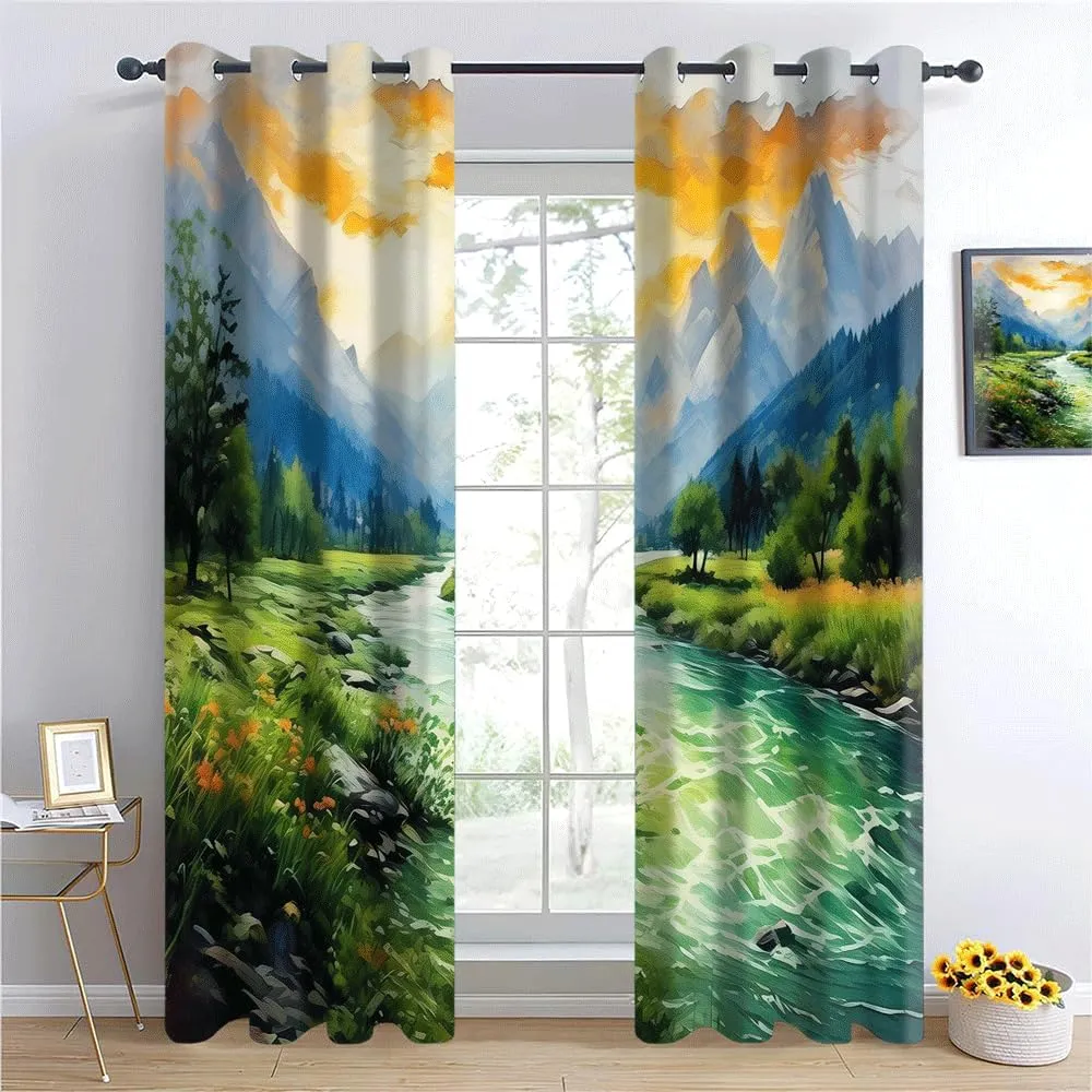 Oil Painting Mountains 3D Printed Darkening Drapes 63"Length 2 Panels, Rivers Forests Grommet Blackout Curtains for Child Room, Jungle Streams Thermal Insulated Curtain for Bedroom Living Room Windows
