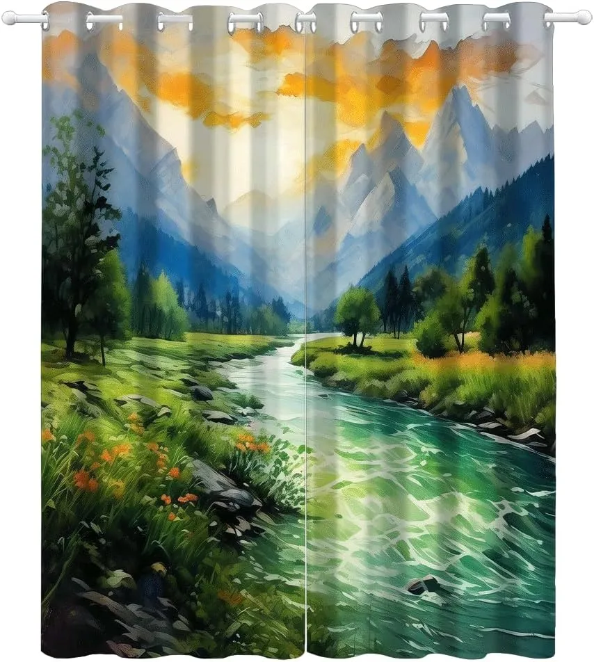 Oil Painting Mountains 3D Printed Darkening Drapes 63"Length 2 Panels, Rivers Forests Grommet Blackout Curtains for Child Room, Jungle Streams Thermal Insulated Curtain for Bedroom Living Room Windows