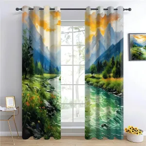 Oil Painting Mountains 3D Printed Darkening Drapes 63"Length 2 Panels, Rivers Forests Grommet Blackout Curtains for Child Room, Jungle Streams Thermal Insulated Curtain for Bedroom Living Room Windows