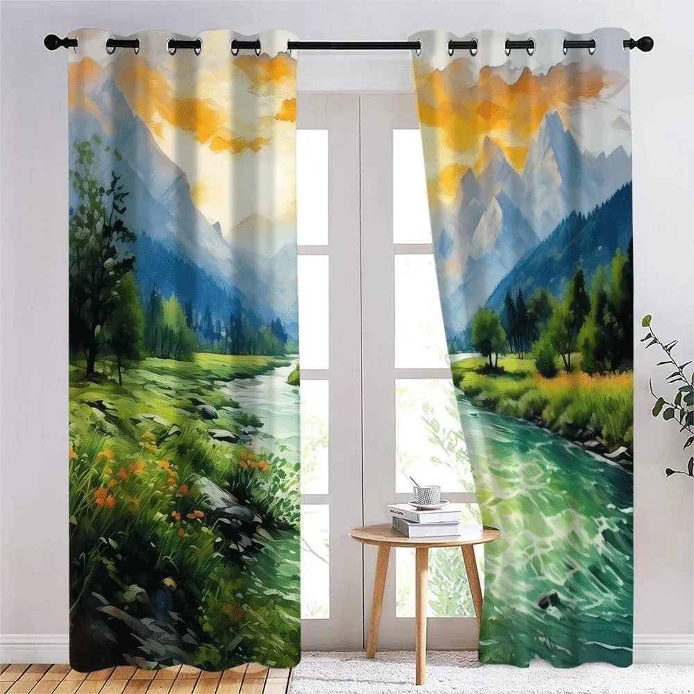 Oil Painting Mountains 3D Printed Darkening Drapes 63"Length 2 Panels, Rivers Forests Grommet Blackout Curtains for Child Room, Jungle Streams Thermal Insulated Curtain for Bedroom Living Room Windows