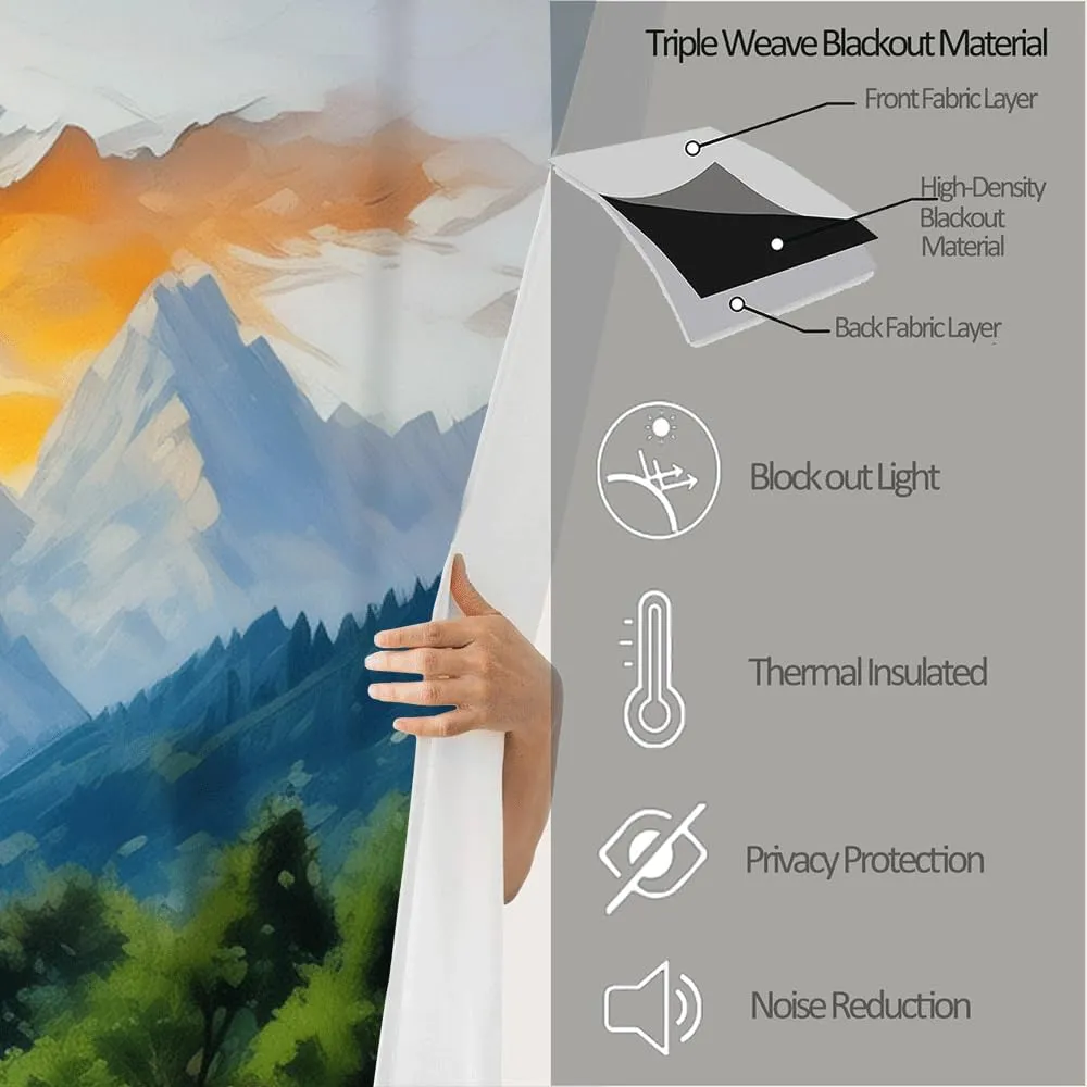 Oil Painting Mountains 3D Printed Darkening Drapes 63"Length 2 Panels, Rivers Forests Grommet Blackout Curtains for Child Room, Jungle Streams Thermal Insulated Curtain for Bedroom Living Room Windows