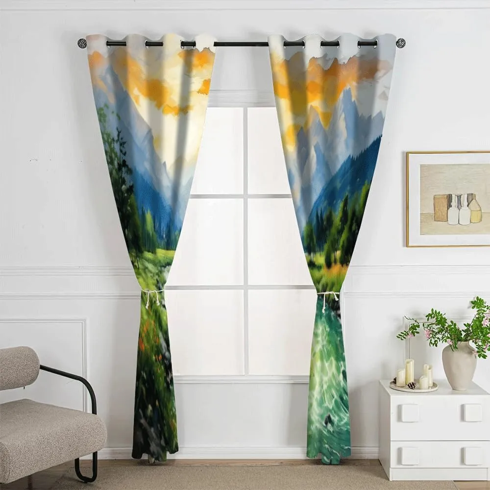 Oil Painting Mountains 3D Printed Darkening Drapes 63"Length 2 Panels, Rivers Forests Grommet Blackout Curtains for Child Room, Jungle Streams Thermal Insulated Curtain for Bedroom Living Room Windows