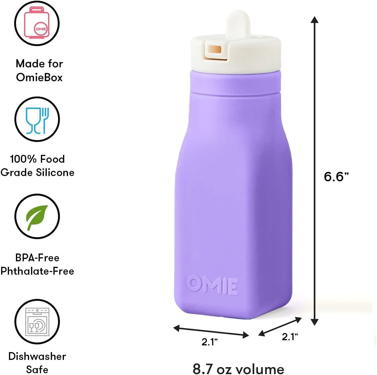 Omie OmieBox Reusable Silicone Water Bottle - 8.7 oz, Straw Top, BPA-Free & Phthalate-Free, Leak-Proof (Purple)