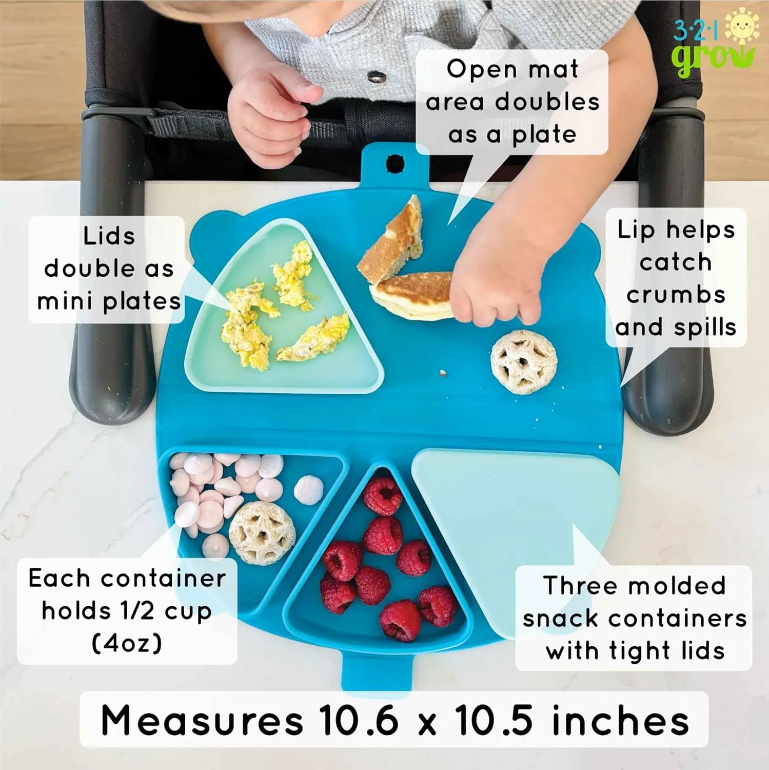 On-The-Go Snack Mat – Baby Silicone Travel Dining Placemat – Portable Silicone Toddler Plate – Reusable Snack Container with 3 Compartments and Lids for 6 Months   (Aqua)