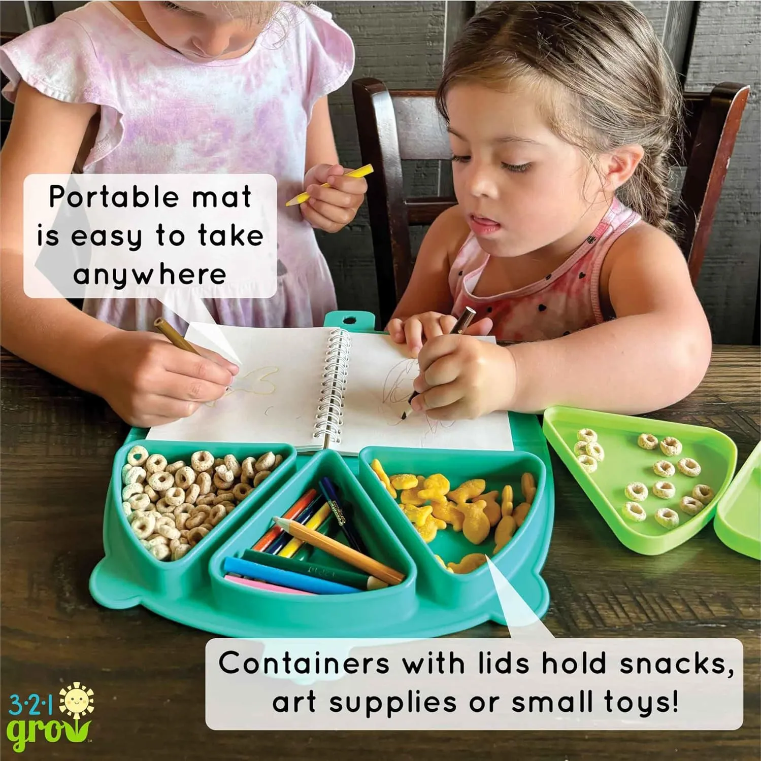On-The-Go Snack Mat – Baby Silicone Travel Dining Placemat – Portable Silicone Toddler Plate – Reusable Snack Container with 3 Compartments and Lids for 6 Months   (Aqua)