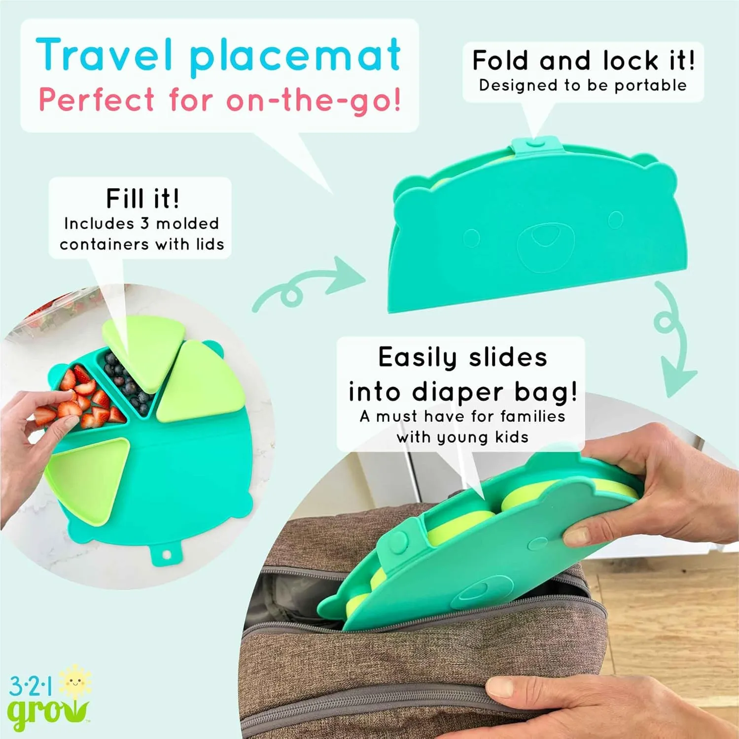 On-The-Go Snack Mat – Baby Silicone Travel Dining Placemat – Portable Silicone Toddler Plate – Reusable Snack Container with 3 Compartments and Lids for 6 Months   (Aqua)