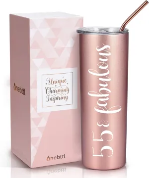 Onebttl 55th Birthday Gifts for Women, 55 & Fabulous, 20 Oz Insulated Stainless Steel Skinny Wine Tumbler for Mom, Best Friend, Sister, Aunt, Wife, Coworkers, Rose Gold