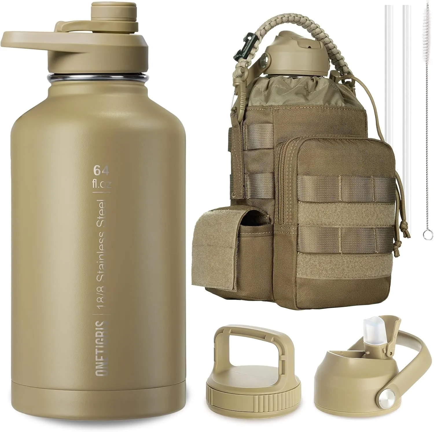 OneTigris Tactical Half Gallon Water Bottle with Straw - 64 oz Vacuum Insulated Stainless Steel Water Jug, Leakproof Sport Bottle with 3 BPA Free Lids, Paracord Handle & MOLLE Water Pouch for Outdoor