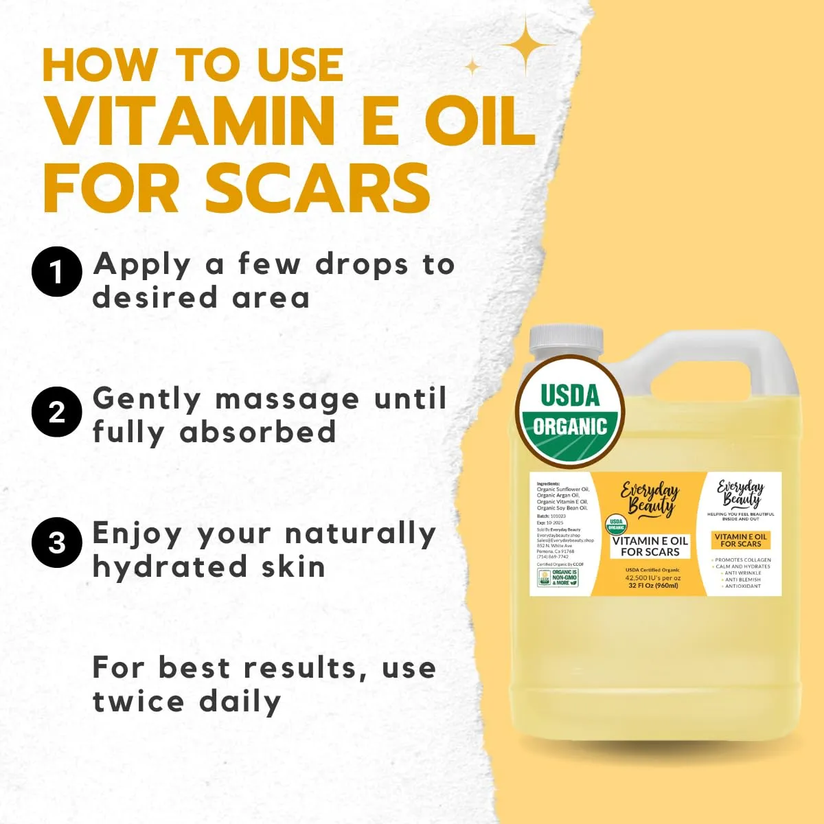 Organic Vitamin E Oil Bulk - 32oz USDA Certified 100% All Natural Plant Based - Light and Unscented Great for Scars After Surgery - For Face, Skin and Nails - Anti-Aging, Reduce Appearance of Wrinkles