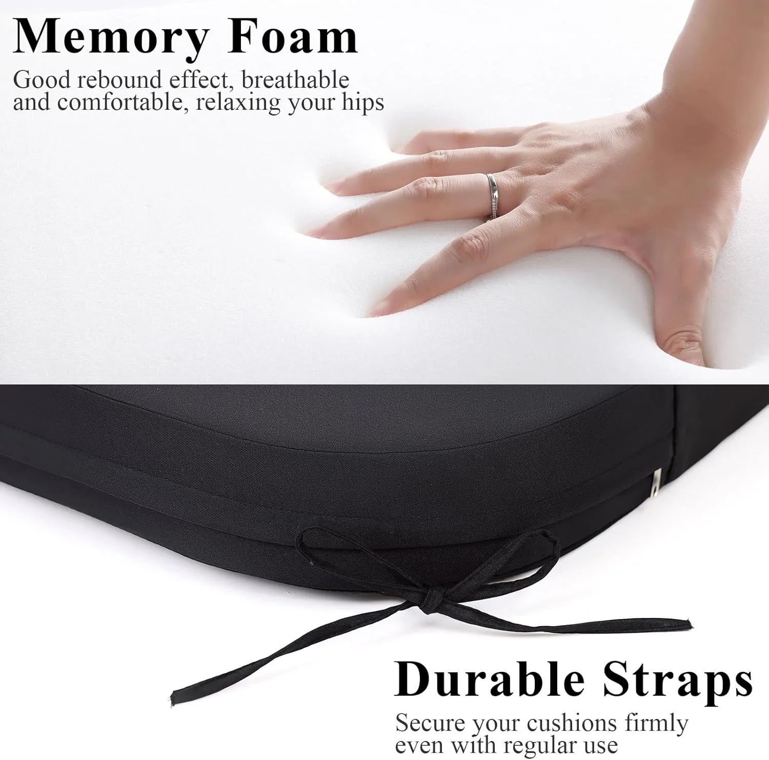 Outdoor Chair Cushions Set of 2, Waterproof Memory Foam Patio Seat Cushions with Ties for Garden Sofa & Dining Furniture, 3-Year Color Fastness, 18x18x3 Inch, Black