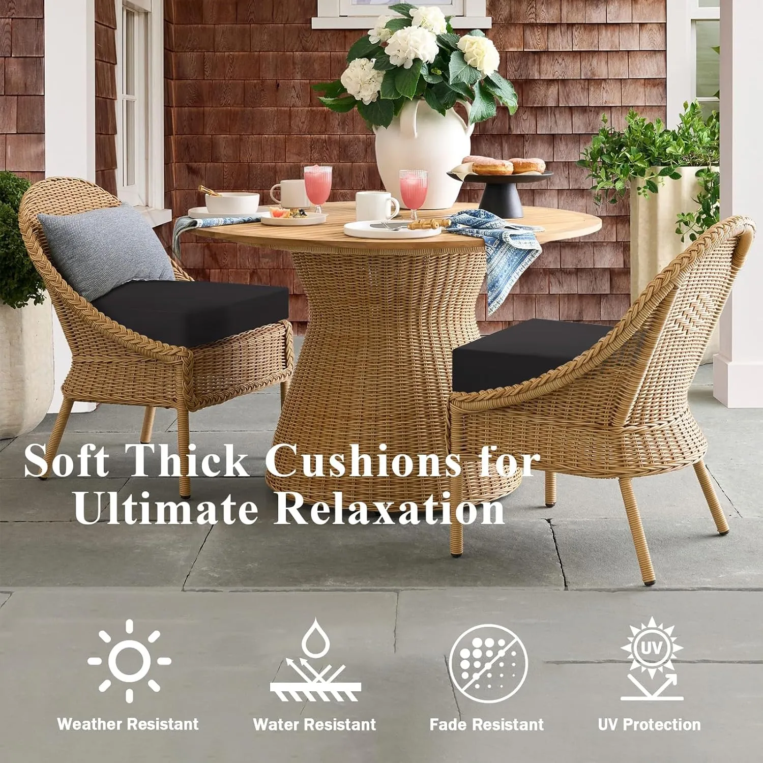 Outdoor Chair Cushions Set of 2, Waterproof Memory Foam Patio Seat Cushions with Ties for Garden Sofa & Dining Furniture, 3-Year Color Fastness, 18x18x3 Inch, Black