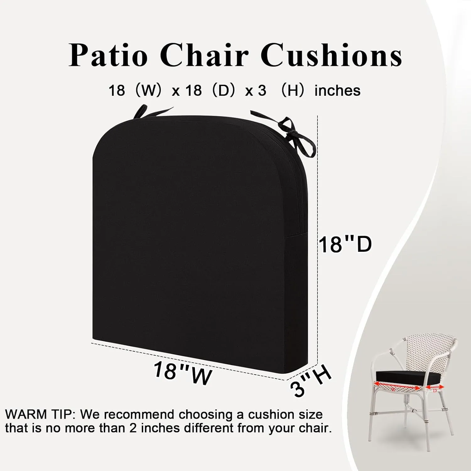 Outdoor Chair Cushions Set of 2, Waterproof Memory Foam Patio Seat Cushions with Ties for Garden Sofa & Dining Furniture, 3-Year Color Fastness, 18x18x3 Inch, Black