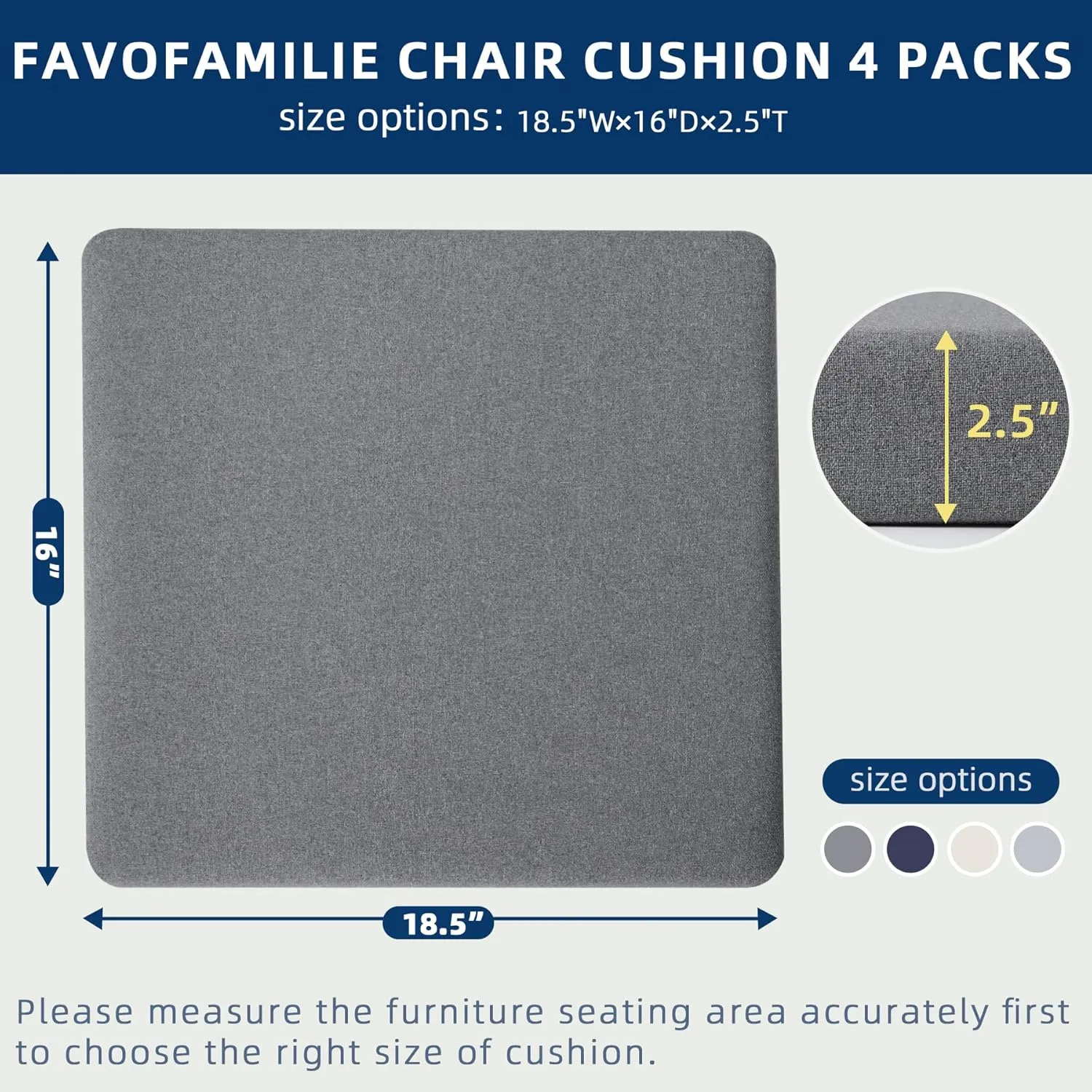 Outdoor Chair Cushions Set of 4, Water-Resistant & Fadeness 18.5"W x 16"D x 2.5"T Seat Cushion, High Density Foam with Dual Straps for Patio Garden Furniture Sofa Dining Chairs, Dark Grey