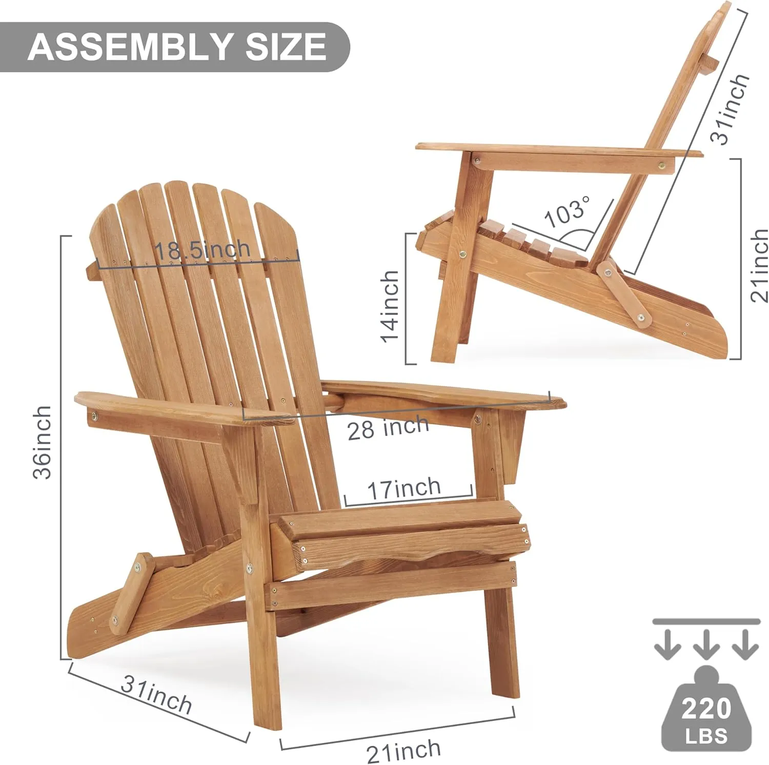 Outdoor Wooden Folding Adirondack Chair Set of 3 with Pre-Assembled BackRest, Wood Patio Chair for Garden Backyard Porch Pool Deck Firepit