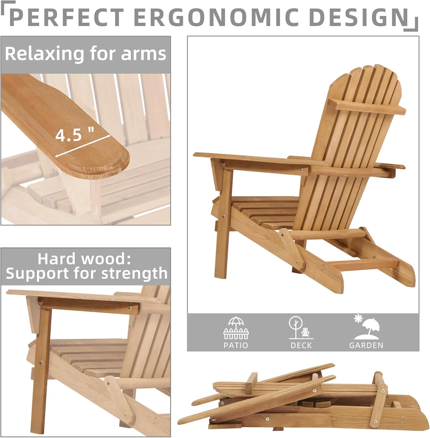 Outdoor Wooden Folding Adirondack Chair Set of 3 with Pre-Assembled BackRest, Wood Patio Chair for Garden Backyard Porch Pool Deck Firepit