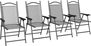 Outsunny Folding Patio Chairs, Set of 4 Sports Chairs for Adults, Camping Chairs with Armrests, Breathable Mesh Fabric Seat for Lawn, Gray