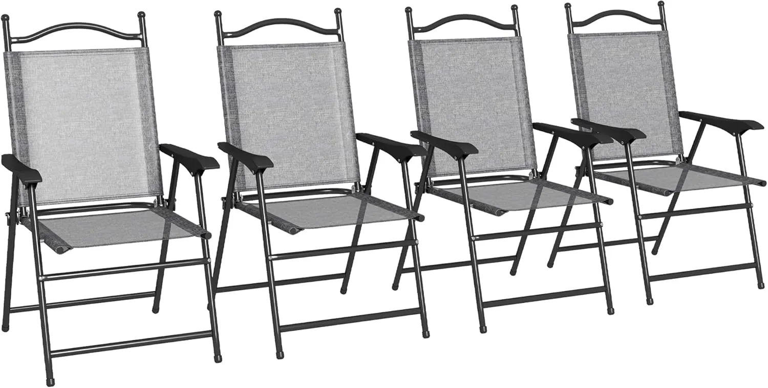 Outsunny Folding Patio Chairs, Set of 4 Sports Chairs for Adults, Camping Chairs with Armrests, Breathable Mesh Fabric Seat for Lawn, Gray