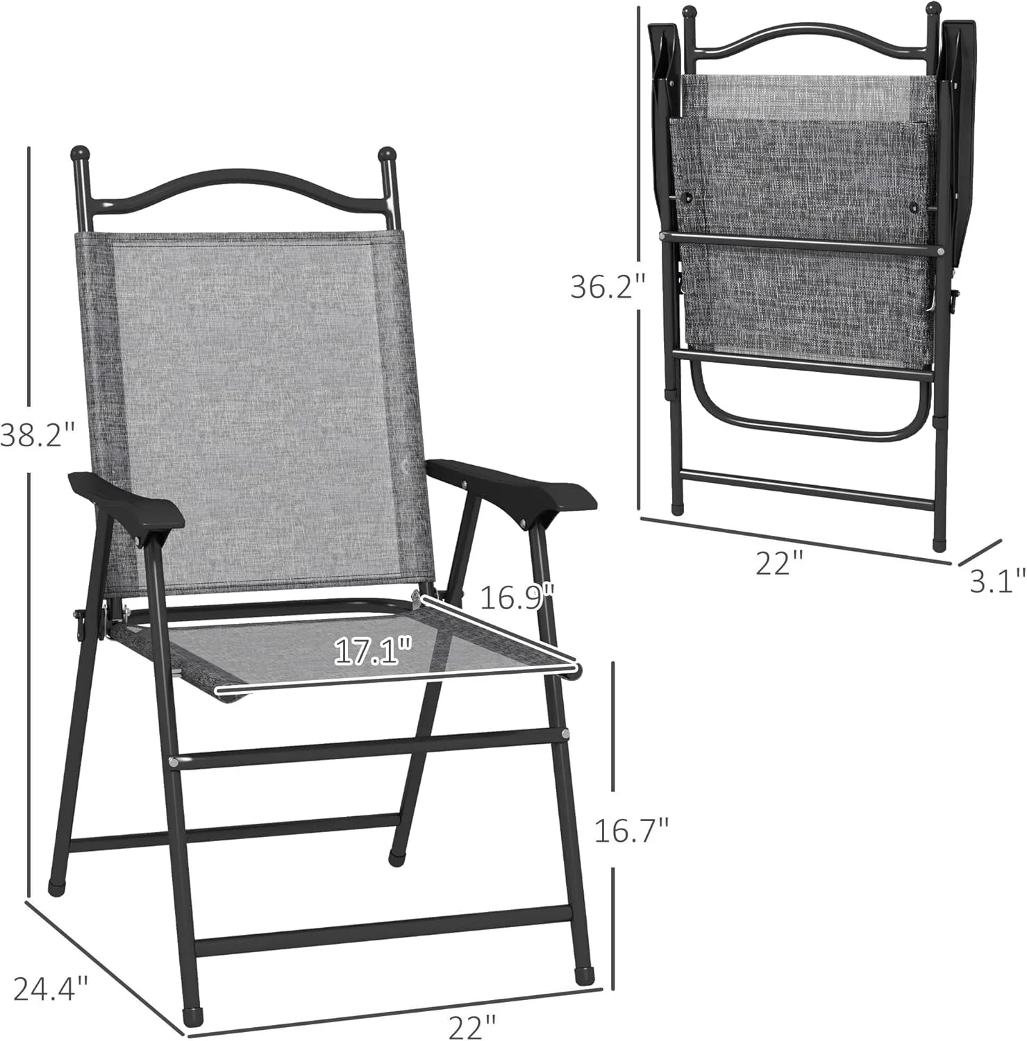 Outsunny Folding Patio Chairs, Set of 4 Sports Chairs for Adults, Camping Chairs with Armrests, Breathable Mesh Fabric Seat for Lawn, Gray