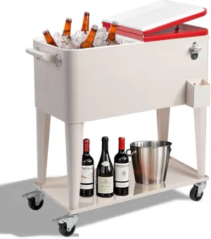 Outvita 80 Quart Rolling Ice Chest, Portable Bar Drink Cooler with Catch Basin, Bottom Storage Tray and Bottle Opener for Patio Party BBQ Beach Activities