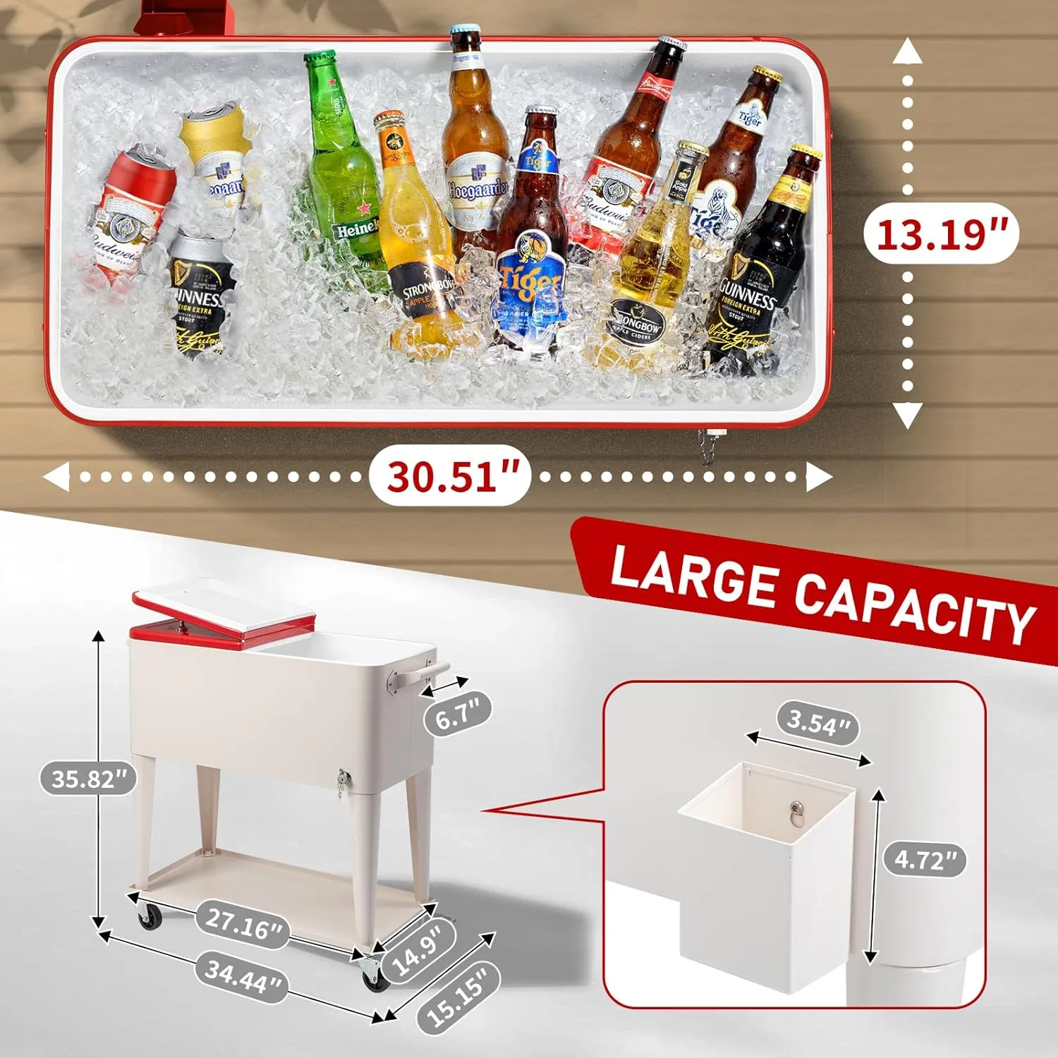 Outvita 80 Quart Rolling Ice Chest, Portable Bar Drink Cooler with Catch Basin, Bottom Storage Tray and Bottle Opener for Patio Party BBQ Beach Activities