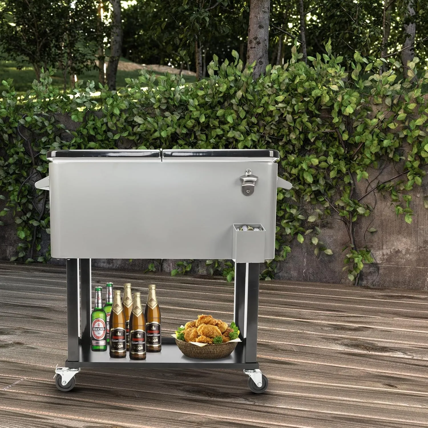 Outvita 80 Quart Rolling Ice Chest, Portable Bar Drink Cooler with Catch Basin, Bottom Storage Tray and Bottle Opener for Patio Party BBQ Beach Activities
