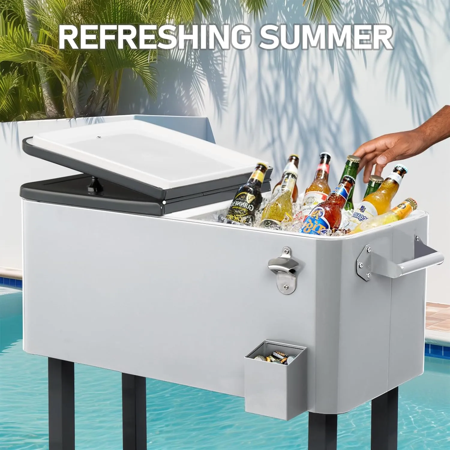 Outvita 80 Quart Rolling Ice Chest, Portable Bar Drink Cooler with Catch Basin, Bottom Storage Tray and Bottle Opener for Patio Party BBQ Beach Activities