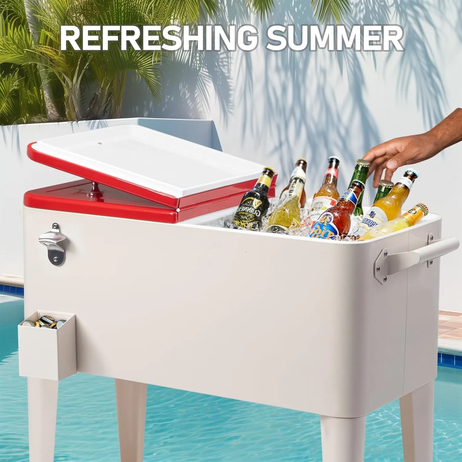 Outvita 80 Quart Rolling Ice Chest, Portable Bar Drink Cooler with Catch Basin, Bottom Storage Tray and Bottle Opener for Patio Party BBQ Beach Activities