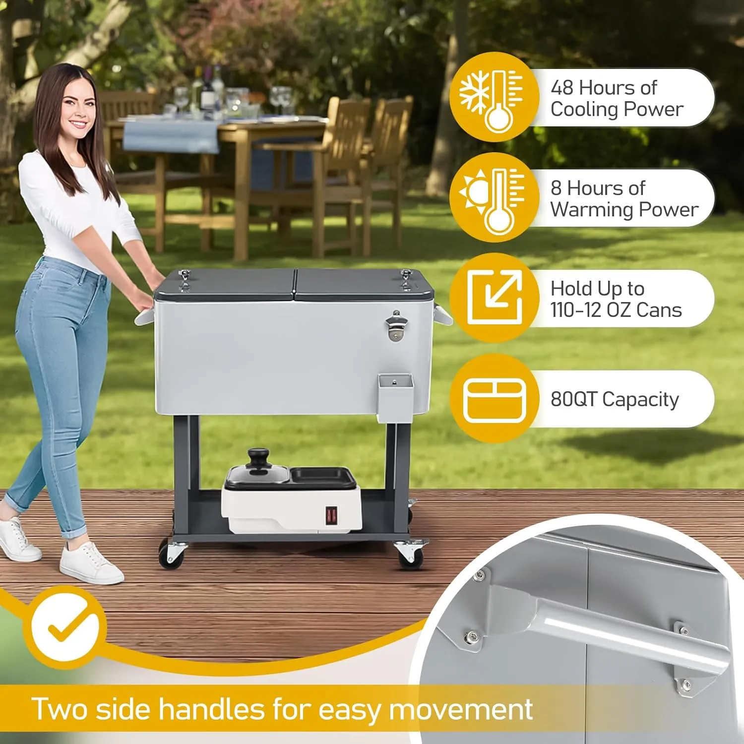 Outvita 80 Quart Rolling Ice Chest, Portable Bar Drink Cooler with Catch Basin, Bottom Storage Tray and Bottle Opener for Patio Party BBQ Beach Activities