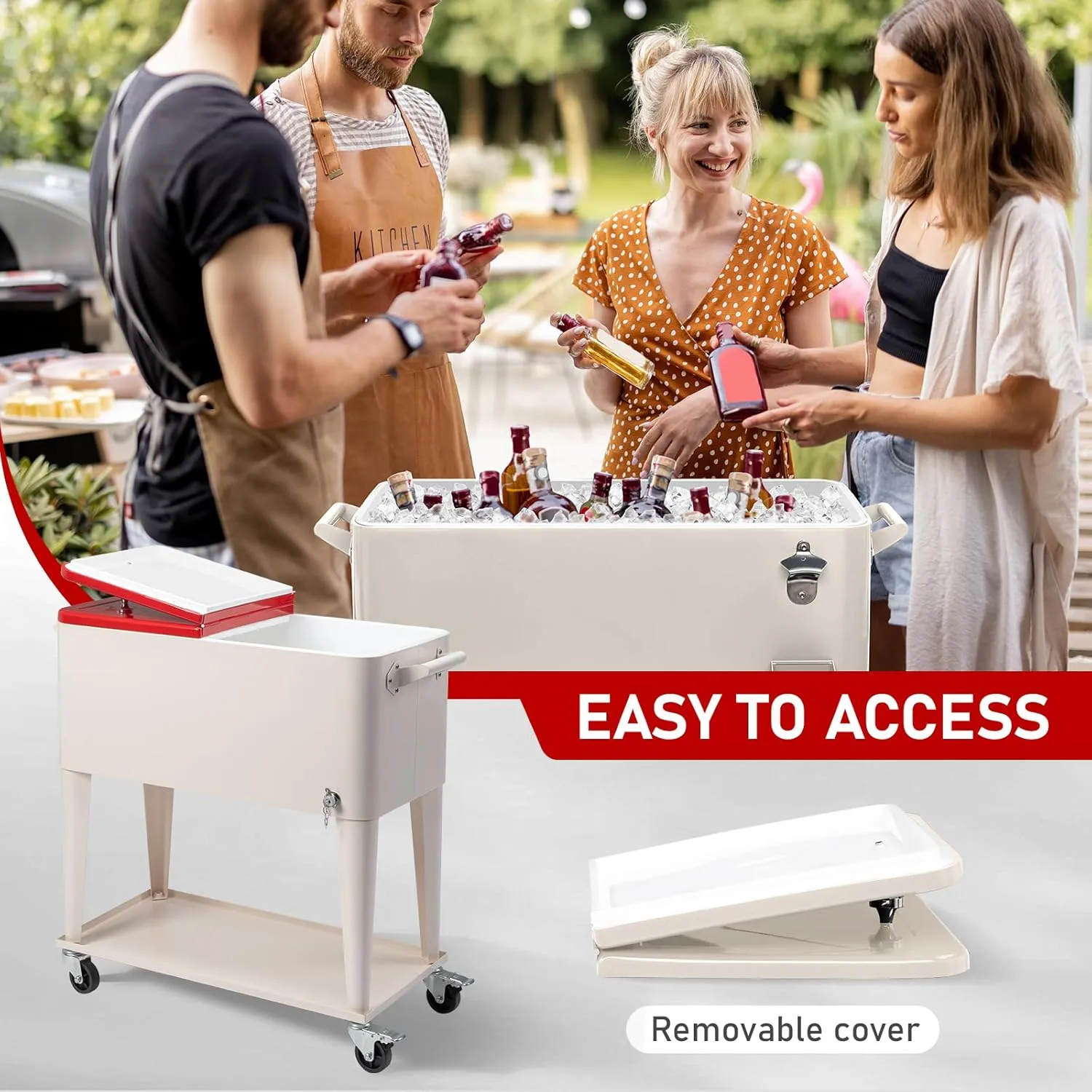 Outvita 80 Quart Rolling Ice Chest, Portable Bar Drink Cooler with Catch Basin, Bottom Storage Tray and Bottle Opener for Patio Party BBQ Beach Activities