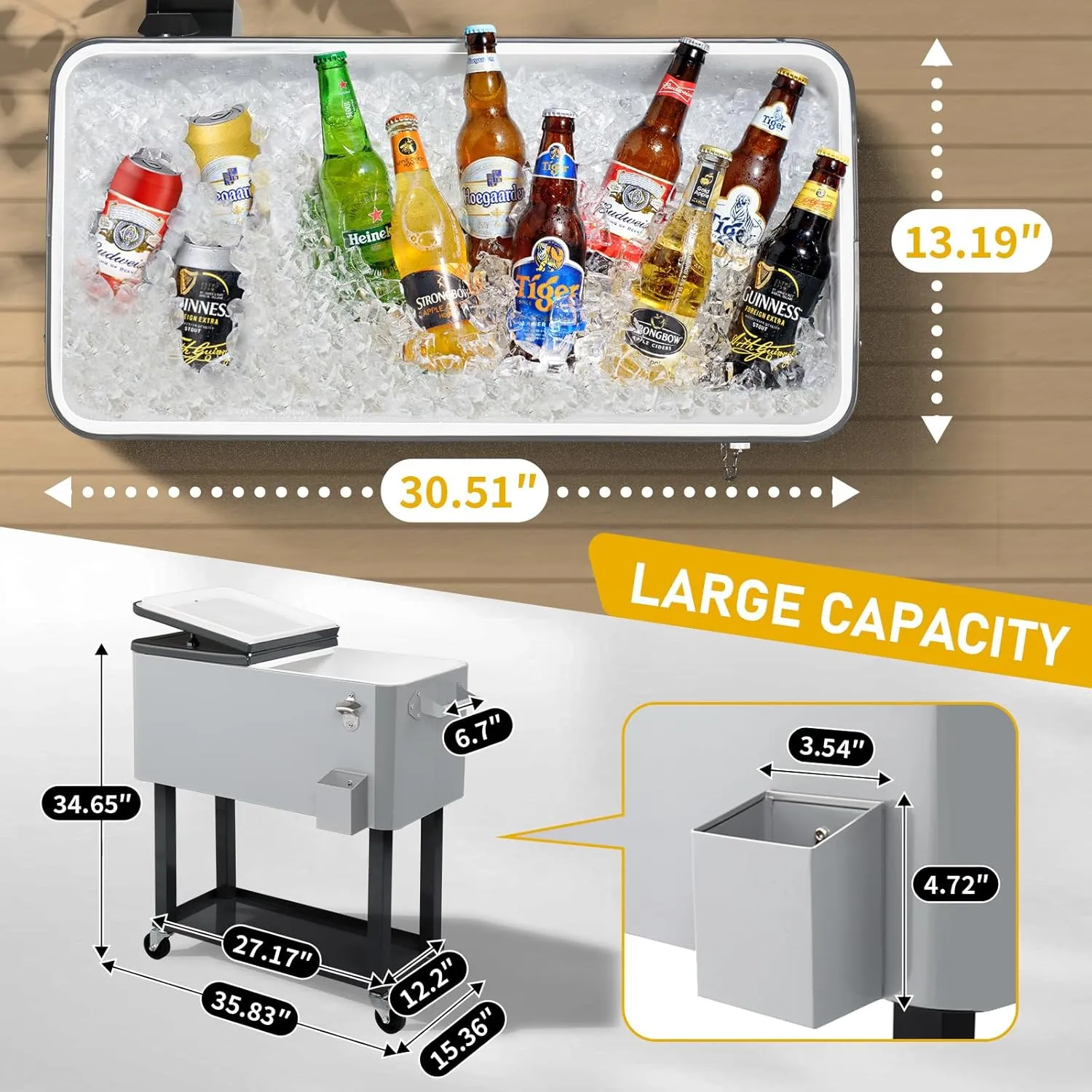 Outvita 80 Quart Rolling Ice Chest, Portable Bar Drink Cooler with Catch Basin, Bottom Storage Tray and Bottle Opener for Patio Party BBQ Beach Activities