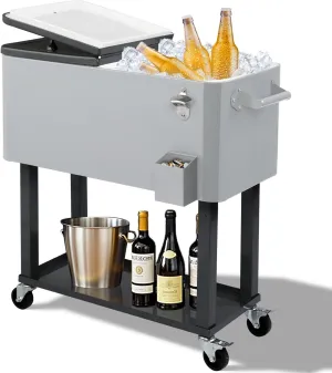 Outvita 80 Quart Rolling Ice Chest, Portable Bar Drink Cooler with Catch Basin, Bottom Storage Tray and Bottle Opener for Patio Party BBQ Beach Activities