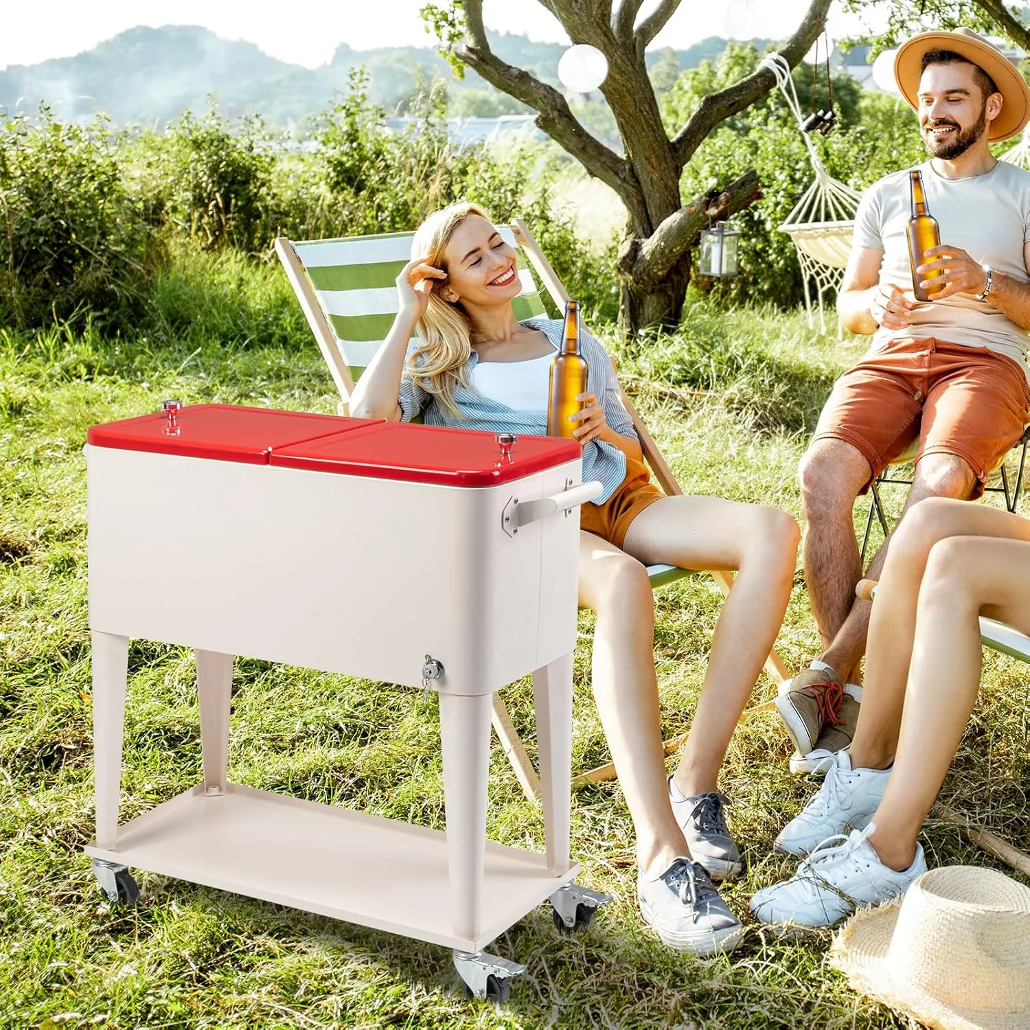 Outvita 80 Quart Rolling Ice Chest, Portable Bar Drink Cooler with Catch Basin, Bottom Storage Tray and Bottle Opener for Patio Party BBQ Beach Activities